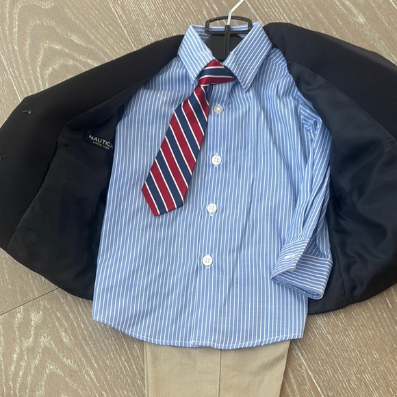 Nautica Kids Navy Blazer with Striped Shirt and Beige Pants - Picture 3 of 4